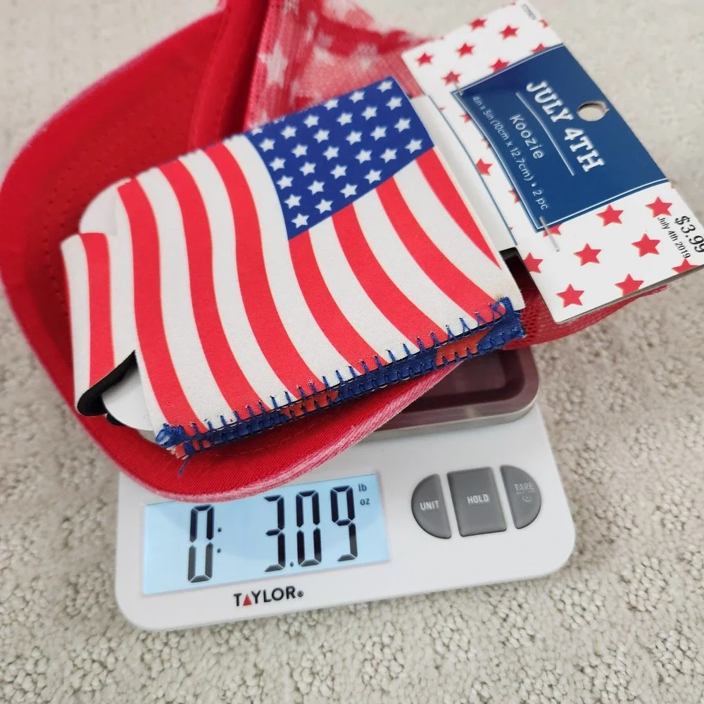 July‎ 4th American Flag Koozie Can Cooler & Red Star Mesh Trucker Hat Set NEW